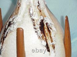 25 MCM Danish Modern Brown Fat Lava Drip Glaze Volcano Pottery Lamp Teak Wood