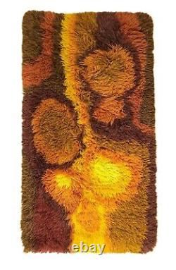 70s handmade wool rug orange yellow vintage mid century rya Danish Denmark
