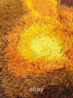 70s handmade wool rug orange yellow vintage mid century rya Danish Denmark
