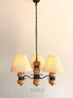 Gorgeous and cozy Danish mid century vintage pine wood three armed ceiling lamp