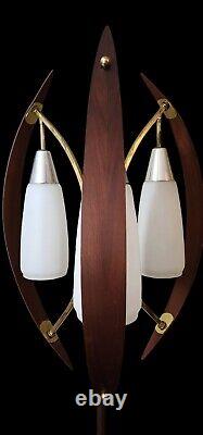 MCM Danish Bent Teak Architectural Eames Era Vtg Cylinder Glass Shade Lamp