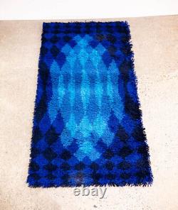 Mid Century Danish Modern Shag Rug Axminster Rya Abstract Blue Small 47.5x24.5