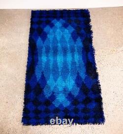 Mid Century Danish Modern Shag Rug Axminster Rya Abstract Blue Small 47.5x24.5