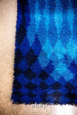 Mid Century Danish Modern Shag Rug Axminster Rya Abstract Blue Small 47.5x24.5