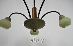 Mid Century Danish Modern Spider Chandelier Wood Glass Shades 5 Lights