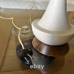 Mid Century Danish Modern Teak Walnut White Ceramic Wood Fiber Glass Shade