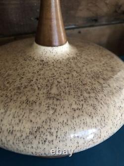 Mid Century Danish Speckle Glazed Ceramic Orb Modern Teak Wood Table Lamp 1950s