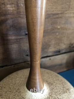 Mid Century Danish Speckle Glazed Ceramic Orb Modern Teak Wood Table Lamp 1950s