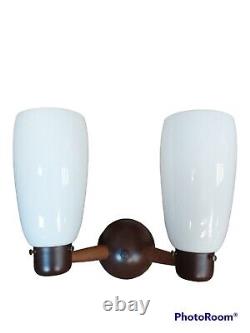 Mid Century Danish Teak Metal Hardwired Wall Double Sconce withGlass Shades Light