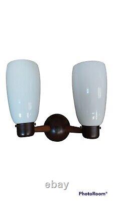 Mid Century Danish Teak Metal Hardwired Wall Double Sconce withGlass Shades Light