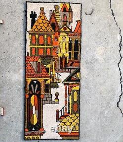Mid Century Hand Made Danish Hanging Tapestry With Scandinavian Cityscape 1970s