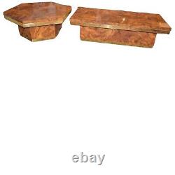 Mid Century Milo Baughman Burled Walnut, Brass Coffee Table Set, Hexagon Table