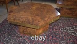 Mid Century Milo Baughman Burled Walnut, Brass Coffee Table Set, Hexagon Table