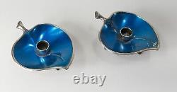 Mid-Century Modern Vintage Danish Blue Enamel Silver Candle Holders As Is