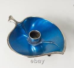 Mid-Century Modern Vintage Danish Blue Enamel Silver Candle Holders As Is