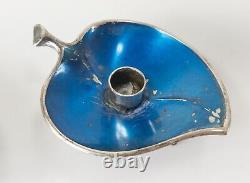 Mid-Century Modern Vintage Danish Blue Enamel Silver Candle Holders As Is