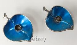 Mid-Century Modern Vintage Danish Blue Enamel Silver Candle Holders As Is