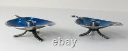 Mid-Century Modern Vintage Danish Blue Enamel Silver Candle Holders As Is