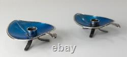 Mid-Century Modern Vintage Danish Blue Enamel Silver Candle Holders As Is