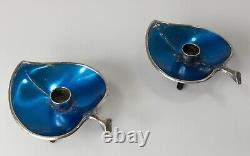 Mid-Century Modern Vintage Danish Blue Enamel Silver Candle Holders As Is