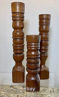 Mid Century Modern Wood Hand Turned Spiral Post Danish Candlestick Holders MCM