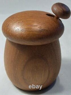 Mid Century Teak Wood Honey Pot Bowl Dipper Lided Hand Crafted Danish Rare