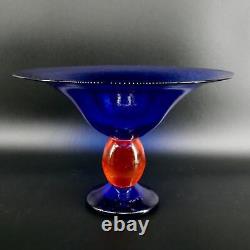 Mid century Danish Glass decorative Bowl Blue with orange bubble stem