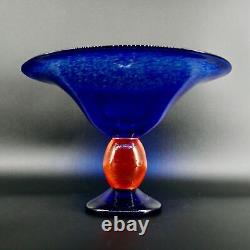 Mid century Danish Glass decorative Bowl Blue with orange bubble stem