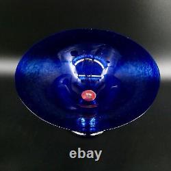 Mid century Danish Glass decorative Bowl Blue with orange bubble stem