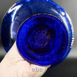 Mid century Danish Glass decorative Bowl Blue with orange bubble stem