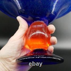 Mid century Danish Glass decorative Bowl Blue with orange bubble stem