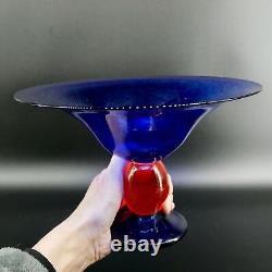 Mid century Danish Glass decorative Bowl Blue with orange bubble stem