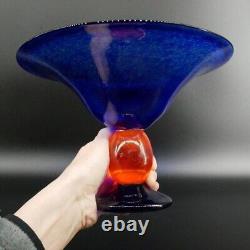 Mid century Danish Glass decorative Bowl Blue with orange bubble stem