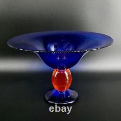 Mid century Danish Glass decorative Bowl Blue with orange bubble stem