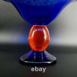 Mid century Danish Glass decorative Bowl Blue with orange bubble stem