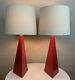Pair Vintage Circa 1980's Memphis Modern Red Geometric Pyramid Triangle Lamps