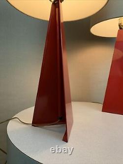 Pair Vintage Circa 1980's Memphis Modern Red Geometric Pyramid Triangle Lamps
