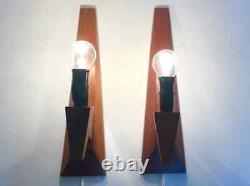 Pair of 2 Danish mid century teak and oak wood wall lamps in shapes