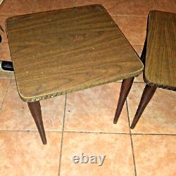 Set of 2 Mid Century Danish Modern Square Formica Woodgrain Stacking Nest Tables