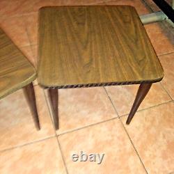 Set of 2 Mid Century Danish Modern Square Formica Woodgrain Stacking Nest Tables