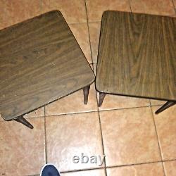 Set of 2 Mid Century Danish Modern Square Formica Woodgrain Stacking Nest Tables