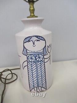 VINTAGE DANISH MID CENTURY MODERN BLUE & WHITE LAMP with GIRL, FLOWER & BIRD