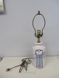 VINTAGE DANISH MID CENTURY MODERN BLUE & WHITE LAMP with GIRL, FLOWER & BIRD