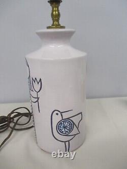 VINTAGE DANISH MID CENTURY MODERN BLUE & WHITE LAMP with GIRL, FLOWER & BIRD