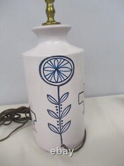 VINTAGE DANISH MID CENTURY MODERN BLUE & WHITE LAMP with GIRL, FLOWER & BIRD