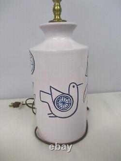 VINTAGE DANISH MID CENTURY MODERN BLUE & WHITE LAMP with GIRL, FLOWER & BIRD