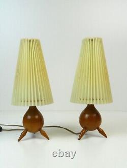 Very Rare Danish Modern MID Century Pair Teak Plisse Bedside Tripod Lamps 1960