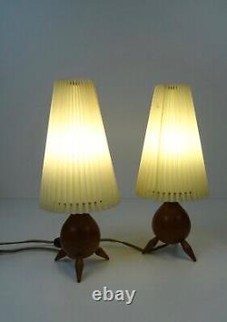 Very Rare Danish Modern MID Century Pair Teak Plisse Bedside Tripod Lamps 1960