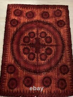 Vintage Danish Original Rya Wool Rug MCM Mid Century Modern Red W57 L75