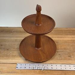 Vintage Mid Century Danish Style Teak Wood Two Tier Serving Tray Platter Display